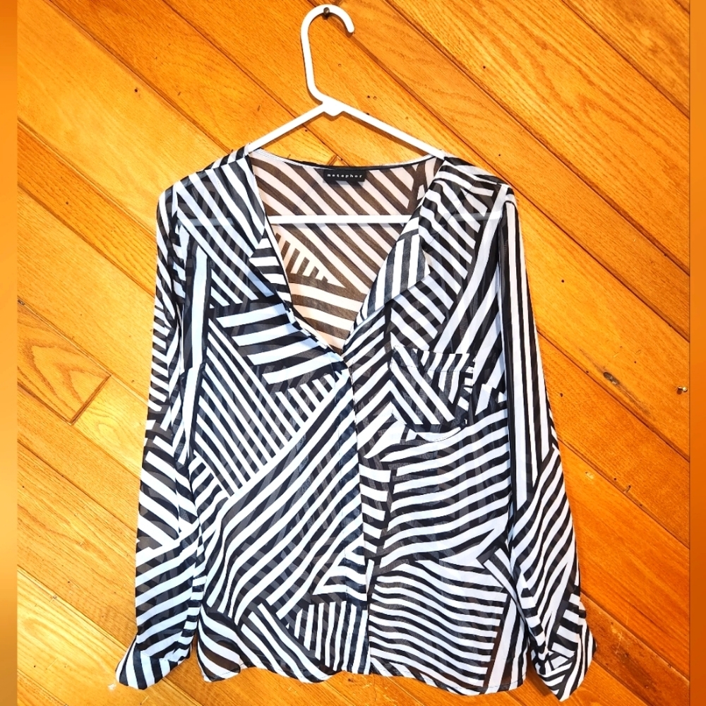 Metaphor medium black and white striped long sleeved sheer blouse